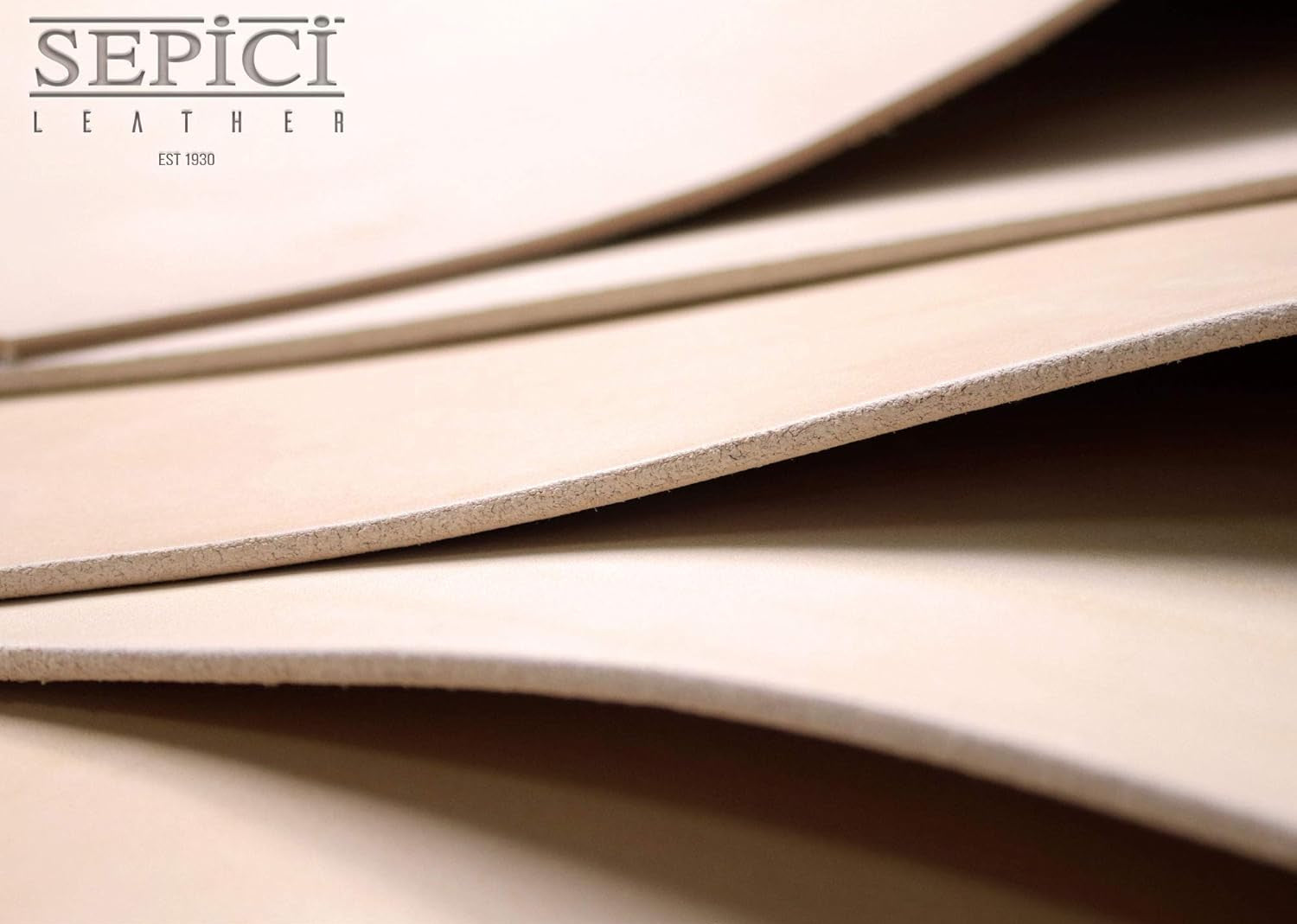 Stack of Sepici leather with product details and branding.