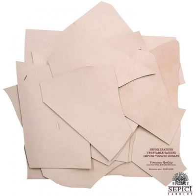 Stack of beige leather sheets with Sepci logo on a white background