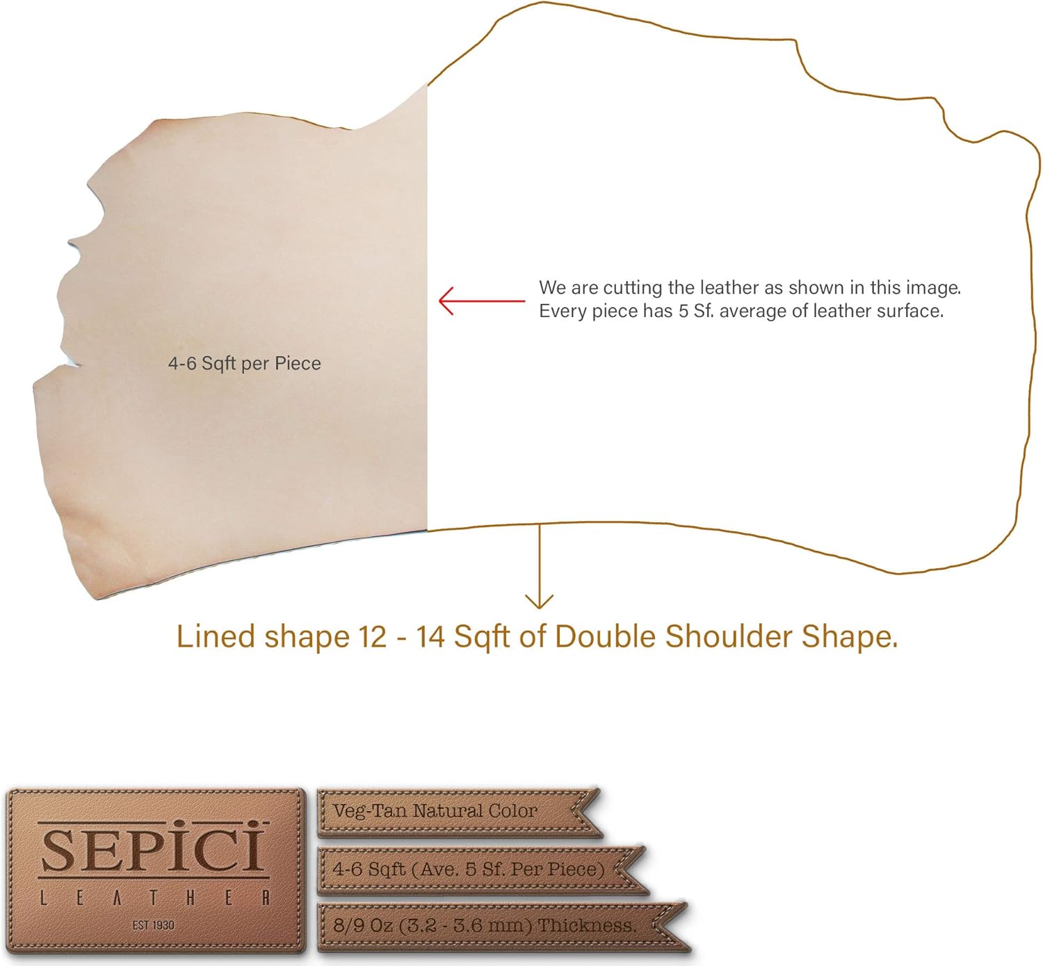 8/9oz. V1 Db. Shoulders Vegetable-Tanned Natural Tooling Leather by Sepici