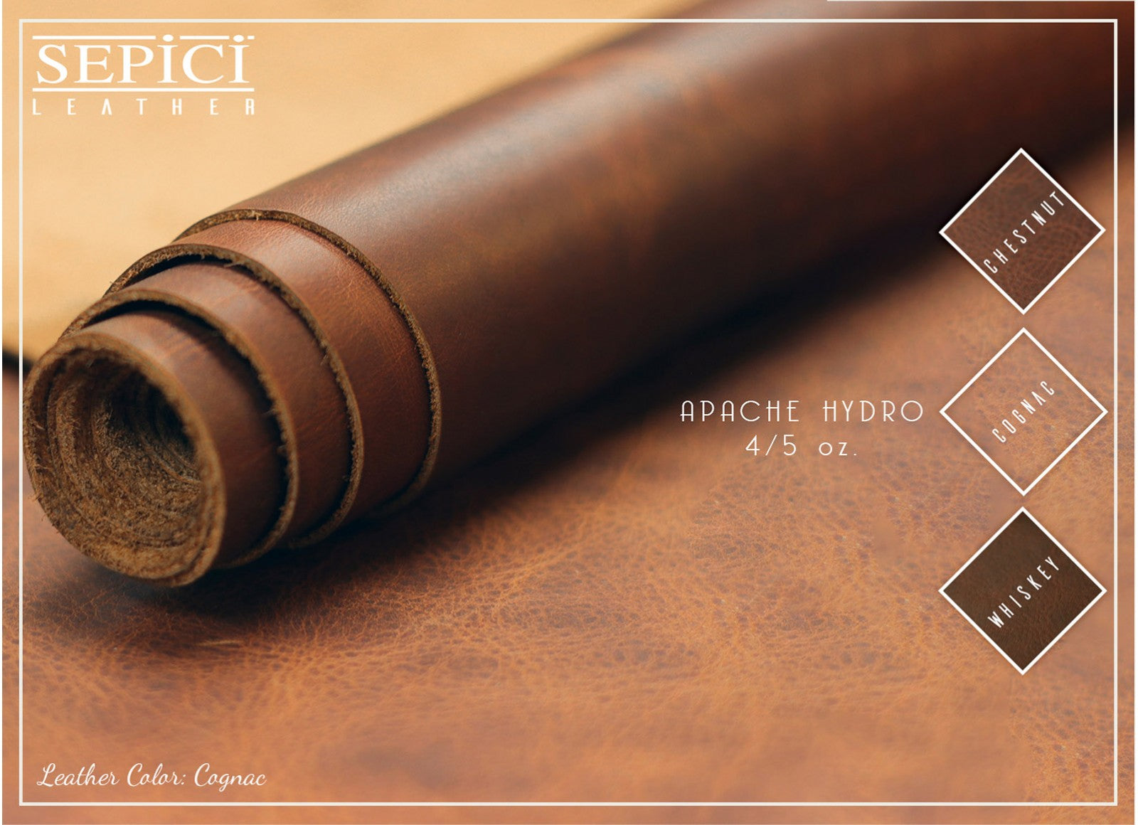 Rolled brown leather with Sepici Leather branding on a leather surface.