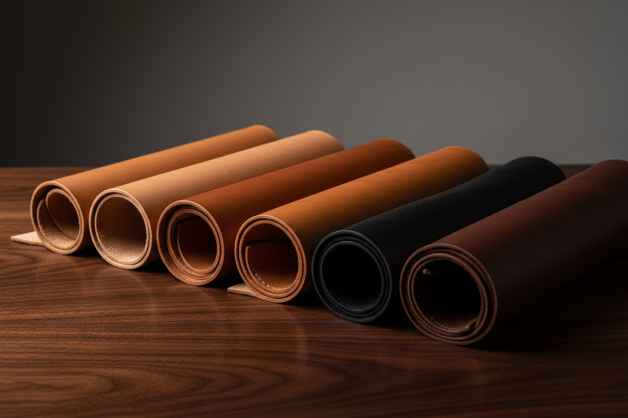 Premium leather rolls in earthy tones on a dark walnut wooden table — LeatherPlan Outlet