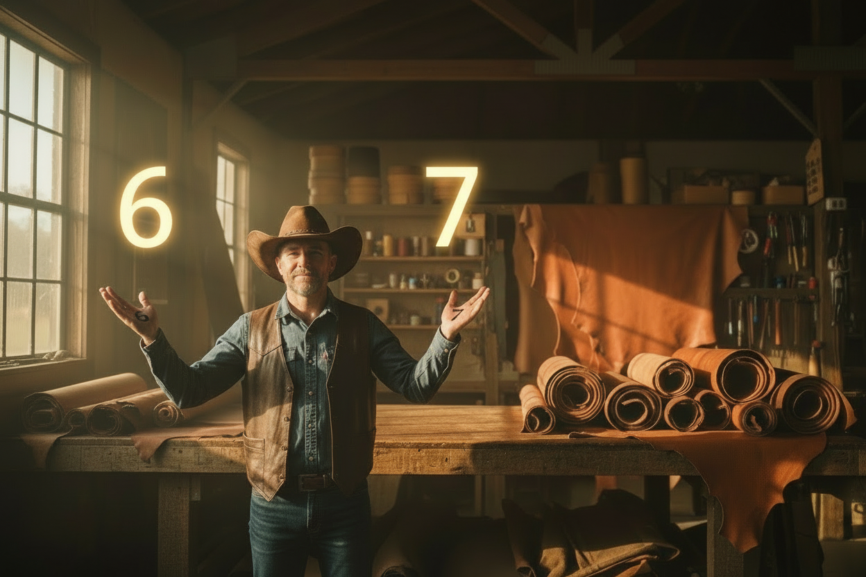 Veg-Tan Rolls on the table at the back, with rustic look and light effects. The cowboy with cowboy hat standing up in front of this table and palms open to the roof.